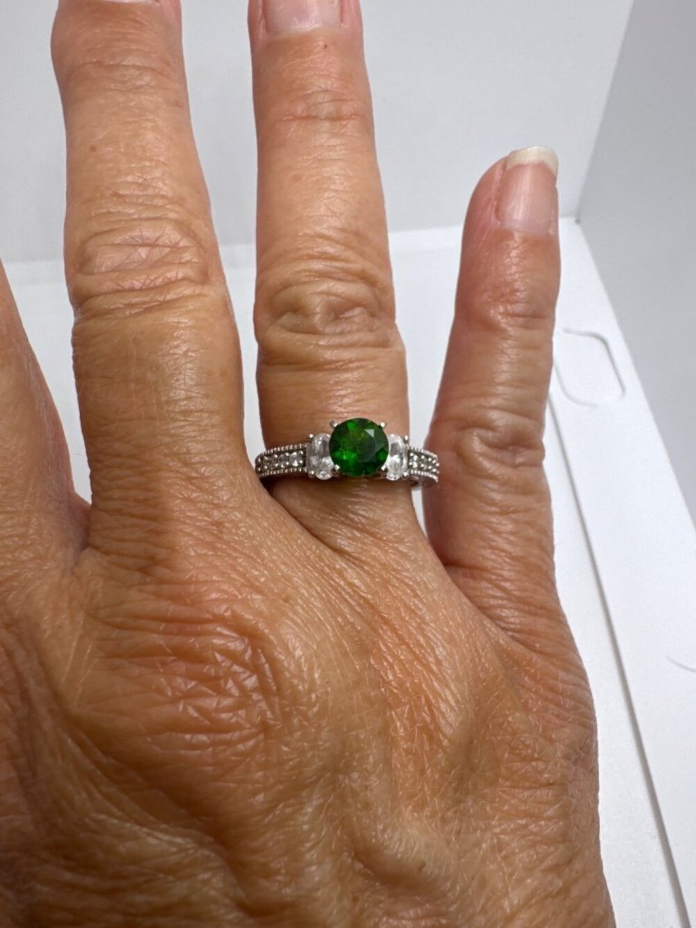 FI STER 10K Sterling Silver 10K White Gold Overlay Green Gemstone Ring Size 7.5 - Picture 7 of 8